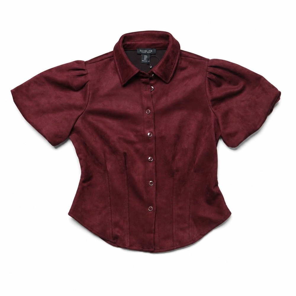 Rachel Zoe Burgundy Faux Suede Puff Sleeve Snap Front Top Women's S NWT